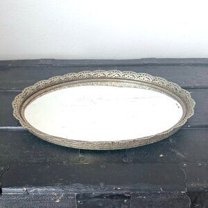 Vintage Ormolu Gold Filigree Oval Vanity Mirror Tray 1960s 1970s Dresser Display